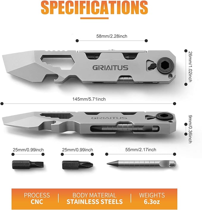 EDC Pry Bar Multitool with Bi-Directional Ratchet Screwdriver & Everlasting Pen, Wrenches, Crowbar and Box Openers