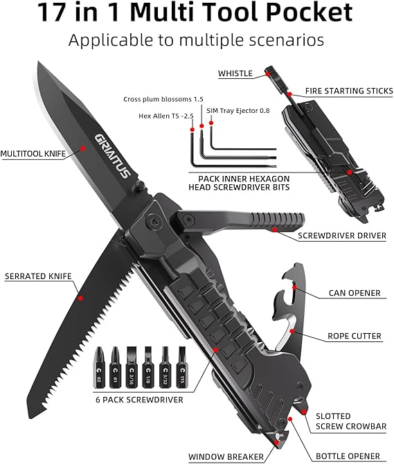 Multitool Knife 17 in 1Fire Starting Sticks, Bottle Opener, Saw Screwdrivers Bottle Opener, Whistle, Window Breaker