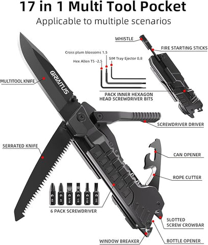 Multitool Knife 17 in 1Fire Starting Sticks, Bottle Opener, Saw Screwdrivers Bottle Opener, Whistle, Window Breaker