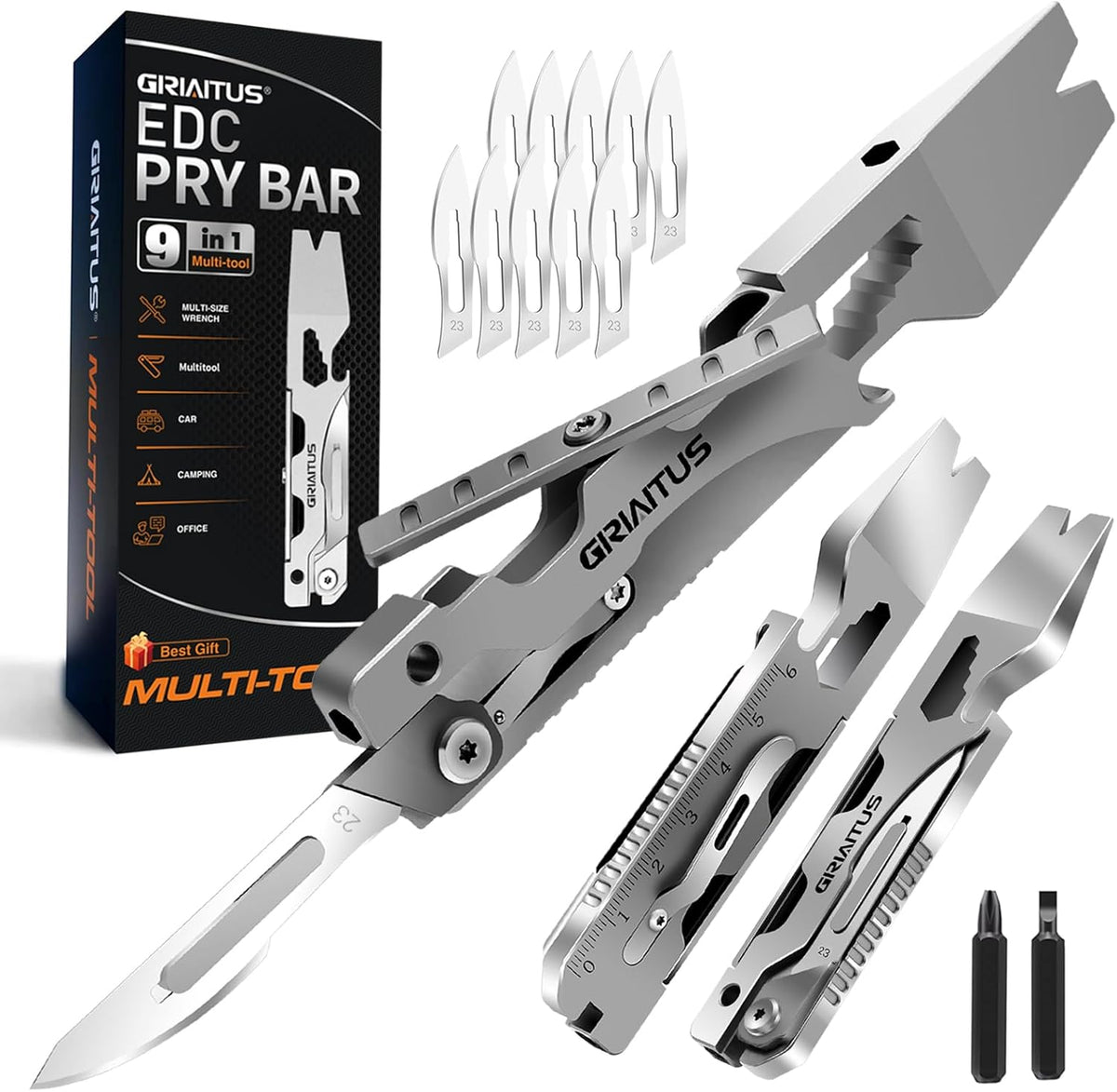 9-in-1 EDC Pry Bar Multitool: Knife, Bottle Opener, Screwdriver & More