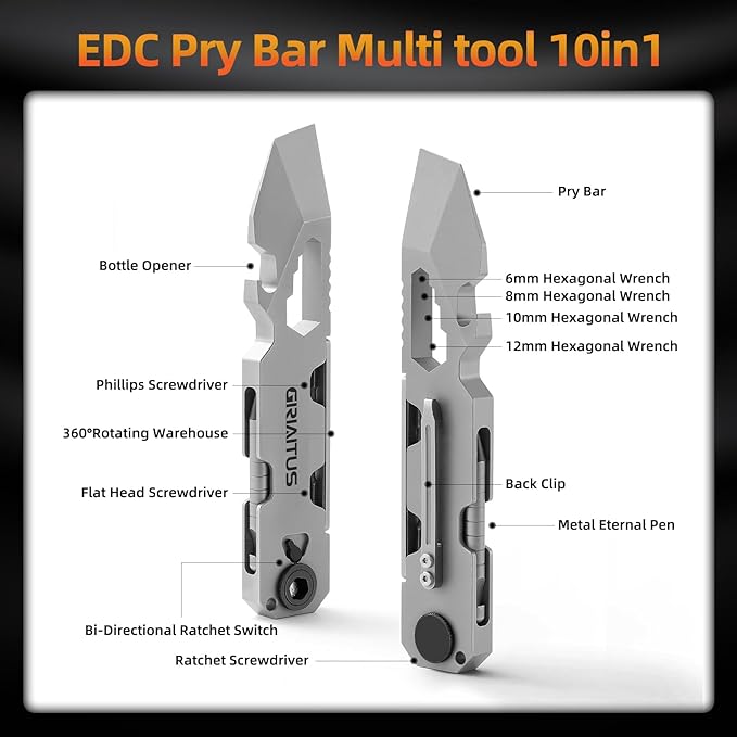 EDC Pry Bar Multitool with Bi-Directional Ratchet Screwdriver & Everlasting Pen, Wrenches, Crowbar and Box Openers