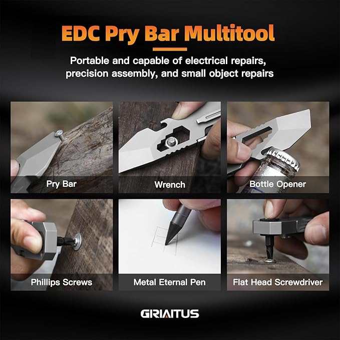 EDC Pry Bar Multitool with Bi-Directional Ratchet Screwdriver & Everlasting Pen, Wrenches, Crowbar and Box Openers