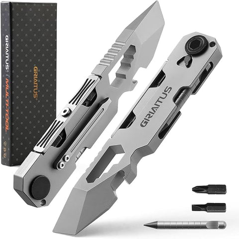 EDC Pry Bar Multitool with Bi-Directional Ratchet Screwdriver & Everlasting Pen, Wrenches, Crowbar and Box Openers