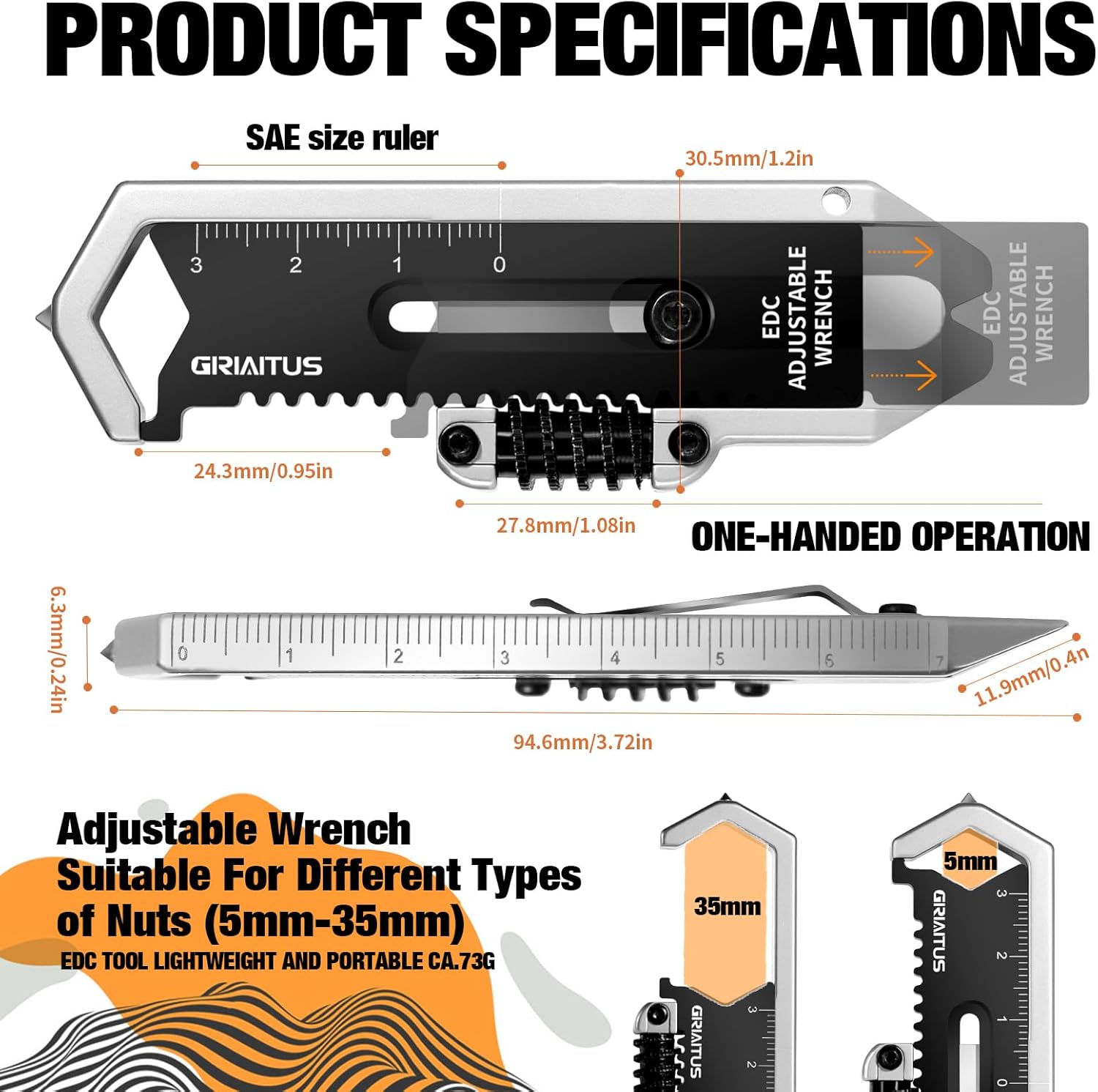 Compact EDC Multitool: Adjustable Wrench, Pry Bar & Caliper