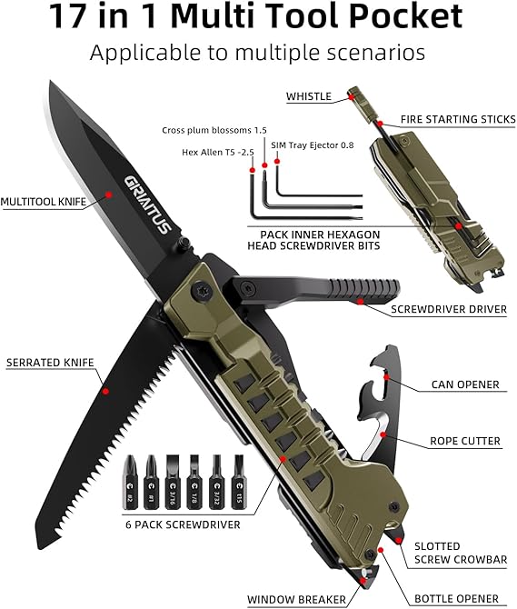 Multitool Knife 17 in 1Fire Starting Sticks, Bottle Opener, Saw Screwdrivers Bottle Opener, Whistle, Window Breaker