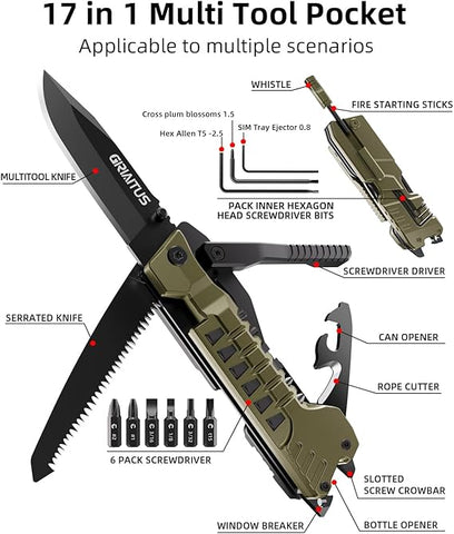 Multitool Knife 17 in 1Fire Starting Sticks, Bottle Opener, Saw Screwdrivers Bottle Opener, Whistle, Window Breaker